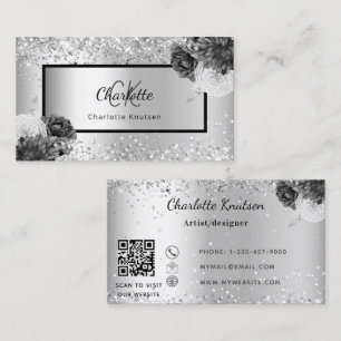 Silver blommigt monogram gul QR-kod Visitkort