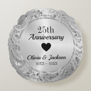 Silver Blommigt Ornament Rund Kudde