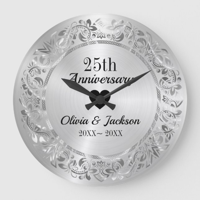 Silver Blommigt Ornament Stor Klocka (Framsida)