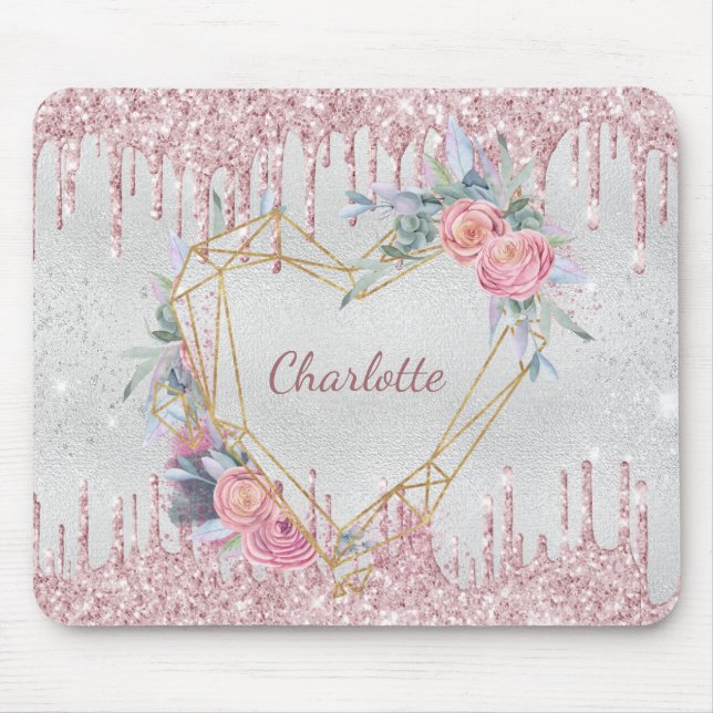 Silver blommigt  rosa glitter monogram musmatta (Framsidan)