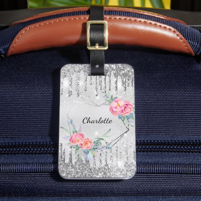 Silver blommigt  rosa glitter monogram namn bagagebricka (Framsida Insitu 2)