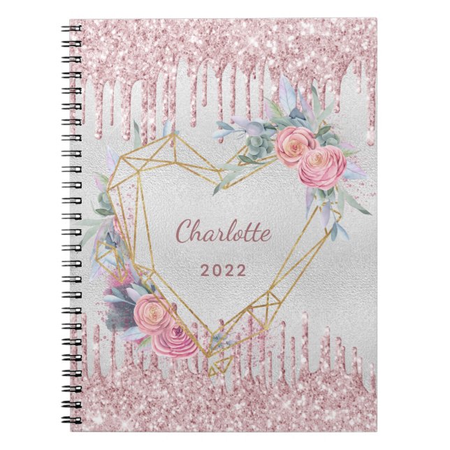 Silver blommigt  rosa glitter namn anteckningsbok (Framsidan)