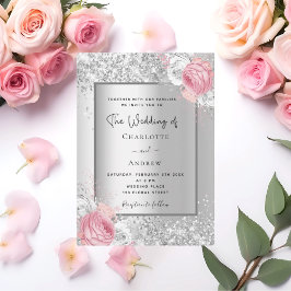 Silver blommigt rosa, vita elegant bröllop inbjudningar