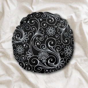 Silver Blommigt Swirl på Black Rund Kudde