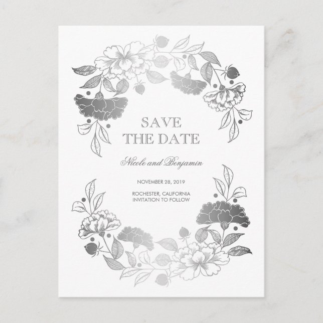 Silver Blommigt Utandning | Peonies Save the Date Meddelande Vykort (Framsida)
