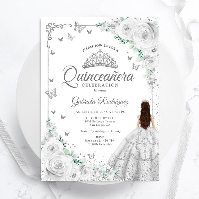 Silver Blommigt Watercolor Ro Quinceanera Inbjudningar (Skapare uppladdad)
