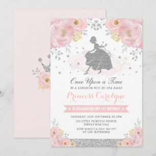 Silver  Blommigten Princess Cinderella Birthday Inbjudningar