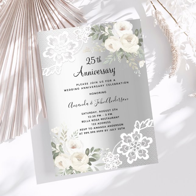 Silver-blommigtens lyxdag 25:e bröllop-årsdagen inbjudningar (Skapare uppladdad)
