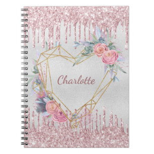 Silver blommigtens rosa glitter namn anteckningsbok