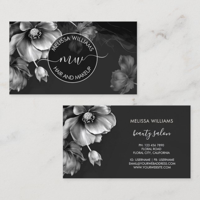 Silver Blommor Svart Logotyp Visitkort (Fram/baksida)