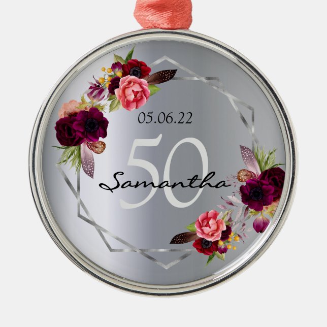 Silver blommornas geometriska burgundi från födels julgransprydnad metall (Framsidan)