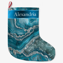 Silver Blue Aqua Glam Glitz Christmas Name Stor Julstrumpa