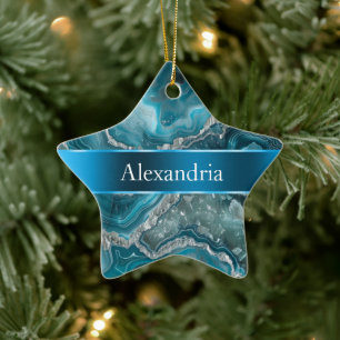 Silver Blue Aqua Glam Glitz jul Namn Julgransprydnad Keramik