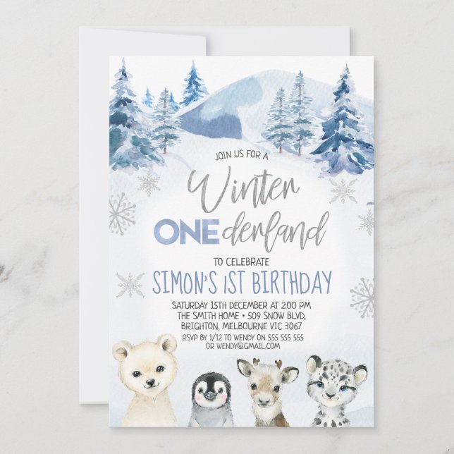 Silver Blue Arctic Winter Onederland Birthday Inbjudningar (Framsida)
