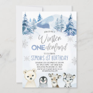 Silver Blue Arctic Winter Onederland Birthday Inbjudningar
