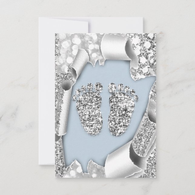 Silver Blue Baby Shower Feet Boy Glitter Grått Inbjudningar (Baksida)