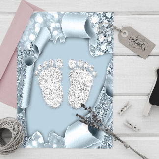 Silver Blue Baby Shower Feet Boy Glitter Inbjudningar