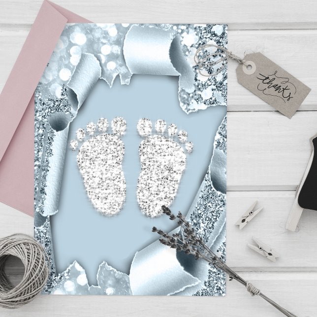Silver Blue Baby Shower Feet Boy Glitter Inbjudningar (Silver Blue Baby Shower Feet Boy Glitter Invitation)