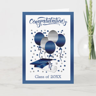 Silver Blue Balloons Mortar Cap Diploma Studenten Kort