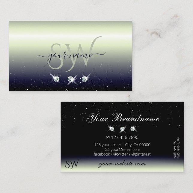Silver Blue Black Gradient Gnistra Jewels Monogram Visitkort (Fram/baksida)