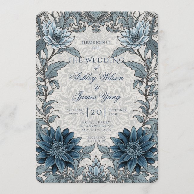 Silver Blue Blommig Botanisk Bröllopsinbjudan Inbjudningar (Framsida)