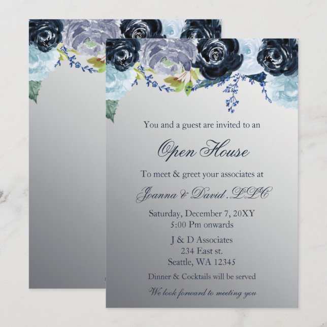 Silver Blue Blommigt Business Corporate Party Inbjudningar (Fram/baksida)