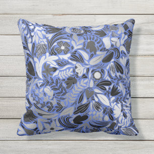 Silver Blue Blommigt Lövs Illustration Mönster Kudde