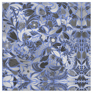 Silver Blue Blommigt Lövs Illustration Mönster Tyg
