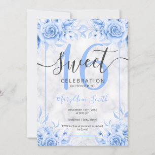 Silver Blue Blommigt Sweet 16 Marble Glitter Inbjudningar