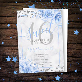 Silver Blue Blommigt Sweet 16 Marble Glitter Inbjudningar