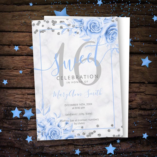 Silver Blue Blommigt Sweet 16 Marble Glitter Inbjudningar (Skapare uppladdad)