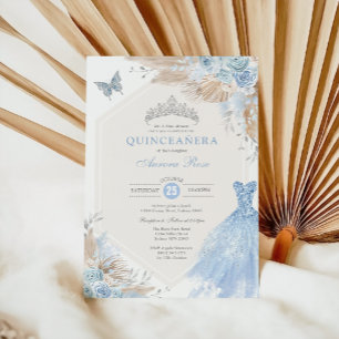 Silver Blue Boho Blommigt Quinceañera 15:e födelse Inbjudningar