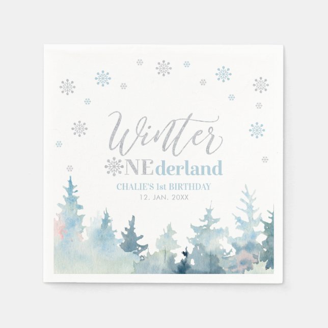 Silver & Blue Boy Vinter Onederland 1-årsdag Pappersservett (Framsidan)