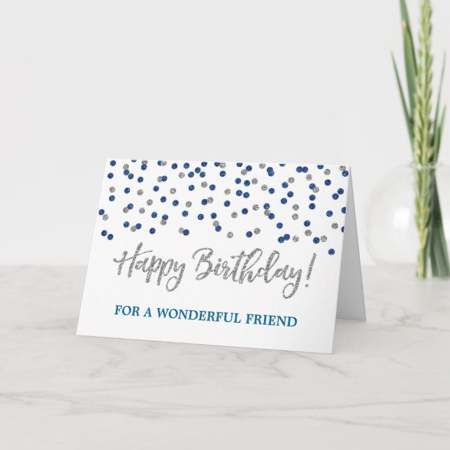 Silver Blue Confetti Friend Birthday Card Kort (Framsida)