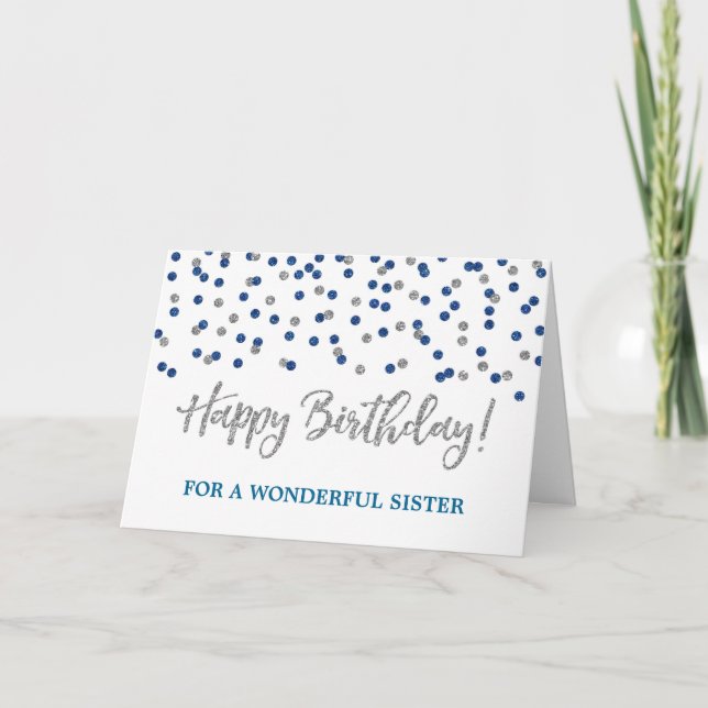 Silver Blue Confetti sister Birthday Card Kort (Framsida)