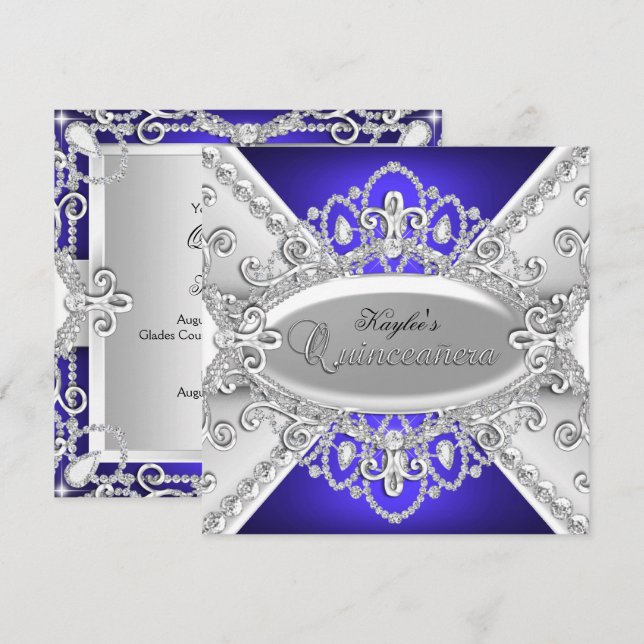 Silver & Blue Diamond Damask Quinceañera-inbjudan Inbjudningar (Fram/baksida)