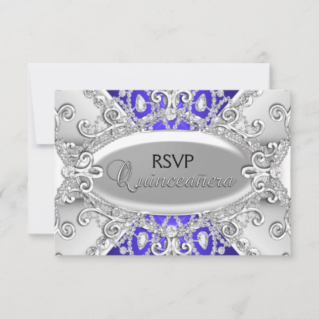 Silver & Blue Diamond Damask Quinceanera-svar OSA Kort (Framsida)