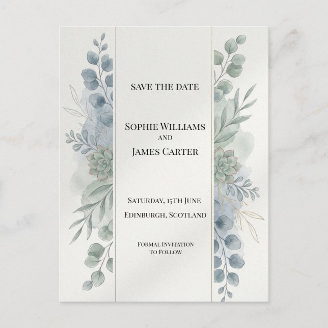 Silver Blue Eucalyptus Save The Date Postkort Vykort (Framsida)