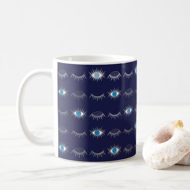 Silver Blue Evil Öga Eyelash Nazar Mati Mönster Kaffemugg (Med munk)
