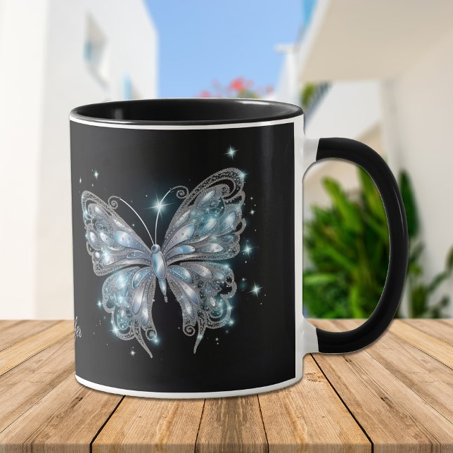 Silver Blue Fantasy Butterfly på Black Mugg (Skapare uppladdad)