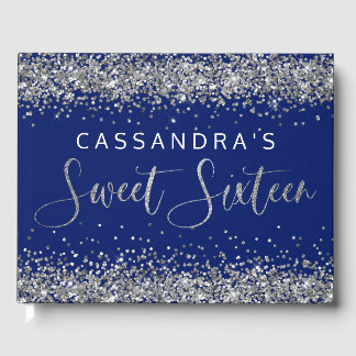 Silver Blue Faux Glitter Sweet sixteen Guest Bok