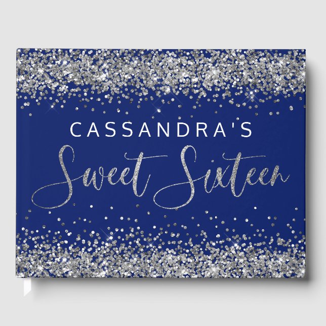 Silver Blue Faux Glitter Sweet sixteen Guest Bok (Framsida)