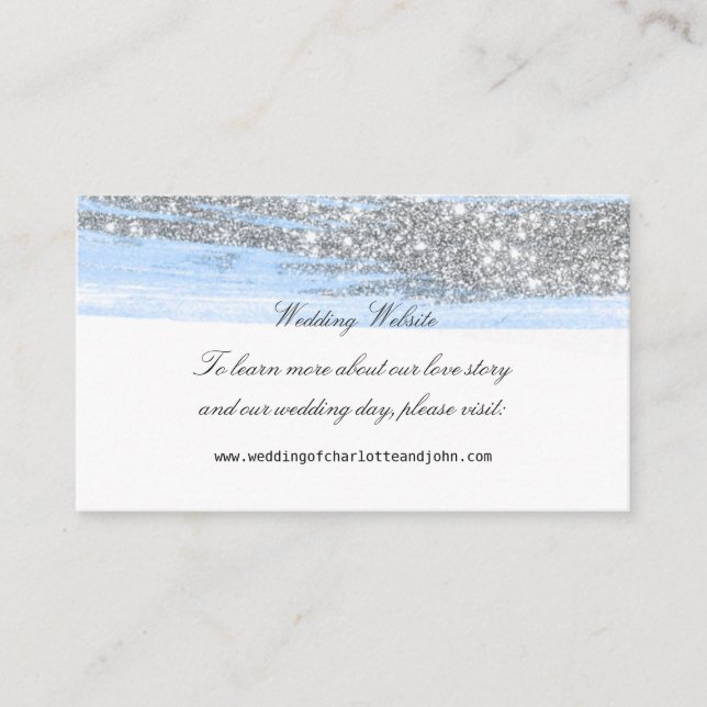 Silver Blue Glitte Delike Script Bröllop webbplats Tilläggskort (Framsida)