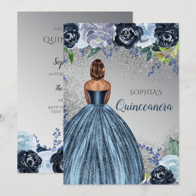 Silver Blue Glitter Dress Quinceañera Quince Inbjudningar (Fram/baksida)