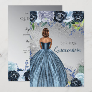 Silver Blue Glitter Dress Quinceañera Quince Inbjudningar