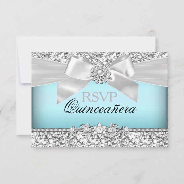 Silver Blue Glitter & Jewel Bow Quinceanera RSVP-s OSA Kort (Framsida)