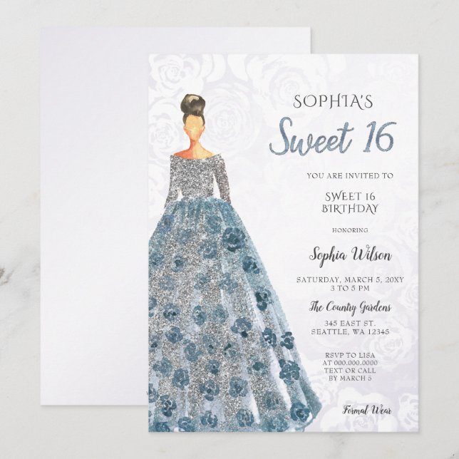 Silver Blue Gnistra Dress Sweet 16-årsdag Invita Inbjudningar (Fram/baksida)