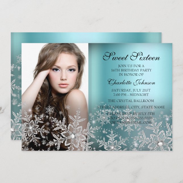 Silver Blue Gnistra Snowflake Photo Sweet 16 Inbjudningar (Fram/baksida)