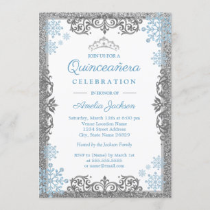 Silver Blue Gnistra Snowflake Quinceanera Inbjudan