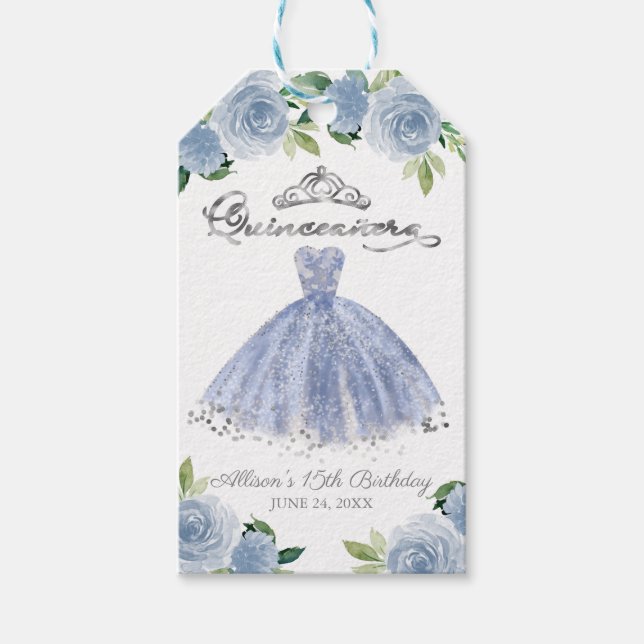 Silver Blue Gown Blommigt Quinceanera Party Presentetikett (Framsidan)